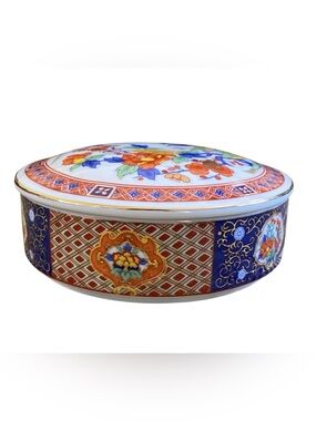 Vtg Imari Porcelain Floral Trinket Box Round jewelry/Jam Dish Bowl w/Lid